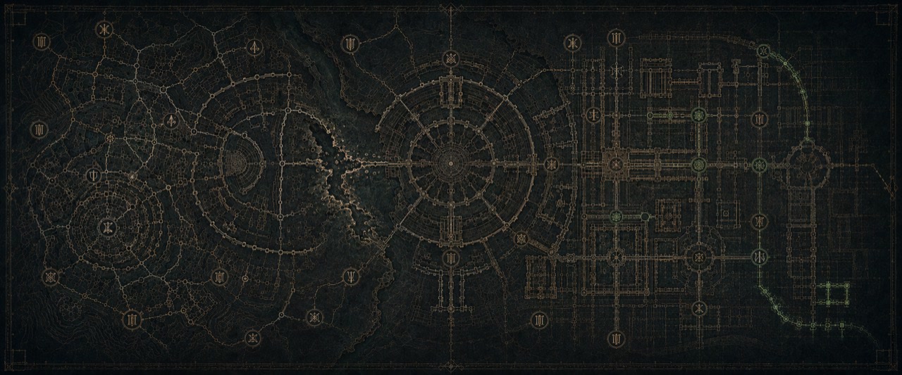 Wide dark architectural map composed of bronze route systems, circular civic geometry, recurring symbols, and sparse green verified fragments, progressing from dense unresolved territory into more ordered but unfinished structure.
